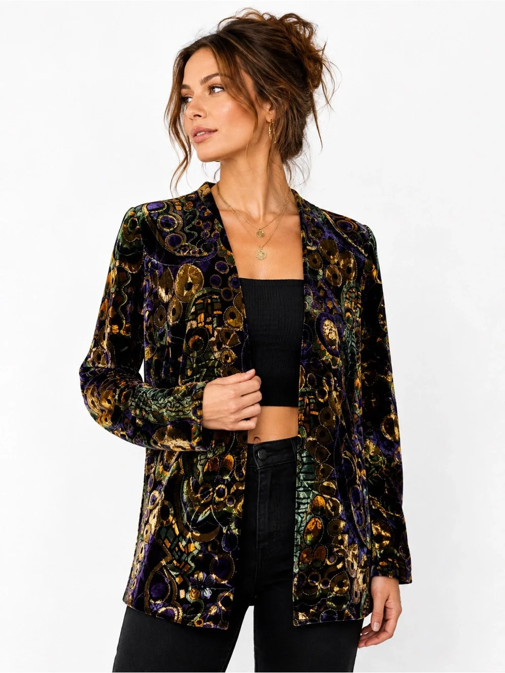 Vintage Velvet Burnout Open Front Jacket Metallic Abstract Art Blazer Small USA